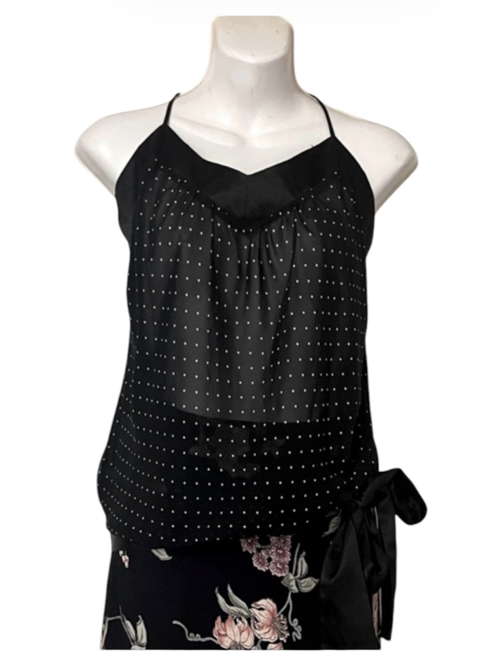Black Sheer Polka Dot Sleeveless Satin Strappy Tie Sash Top Blouse M